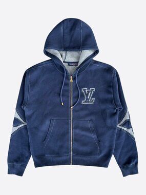 Louis Vuitton Navy & White Embroidered Logo Zip Up Hoodie